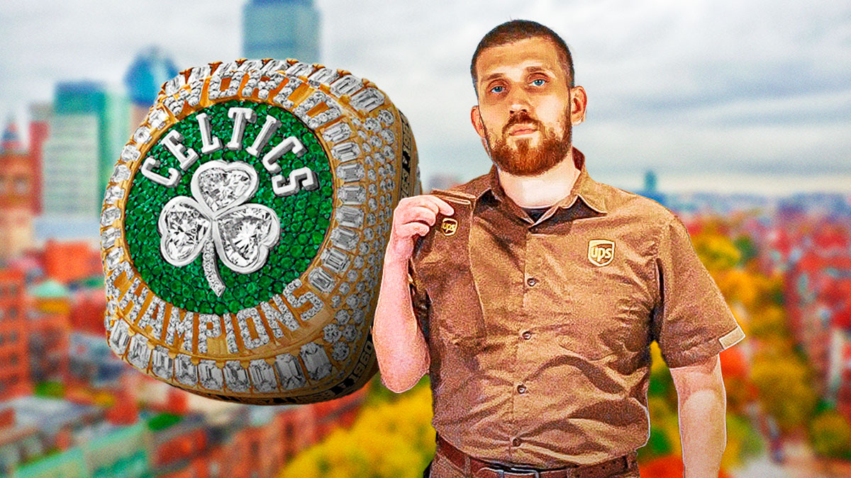 Svi Mykhailiuk face copied and pasted onto the face of a UPS worker in uniform with the Celtics championship ring next to him