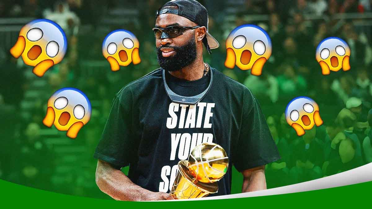 Celtics' Jaylen Brown holding the 2024 NBA Finals MVP award, with shocked emoji all over him