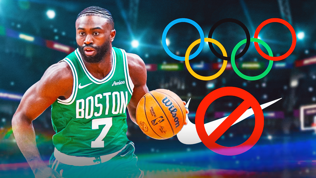 Celtics star Jaylen Brown, the Olympics rings logo, a Nike check.