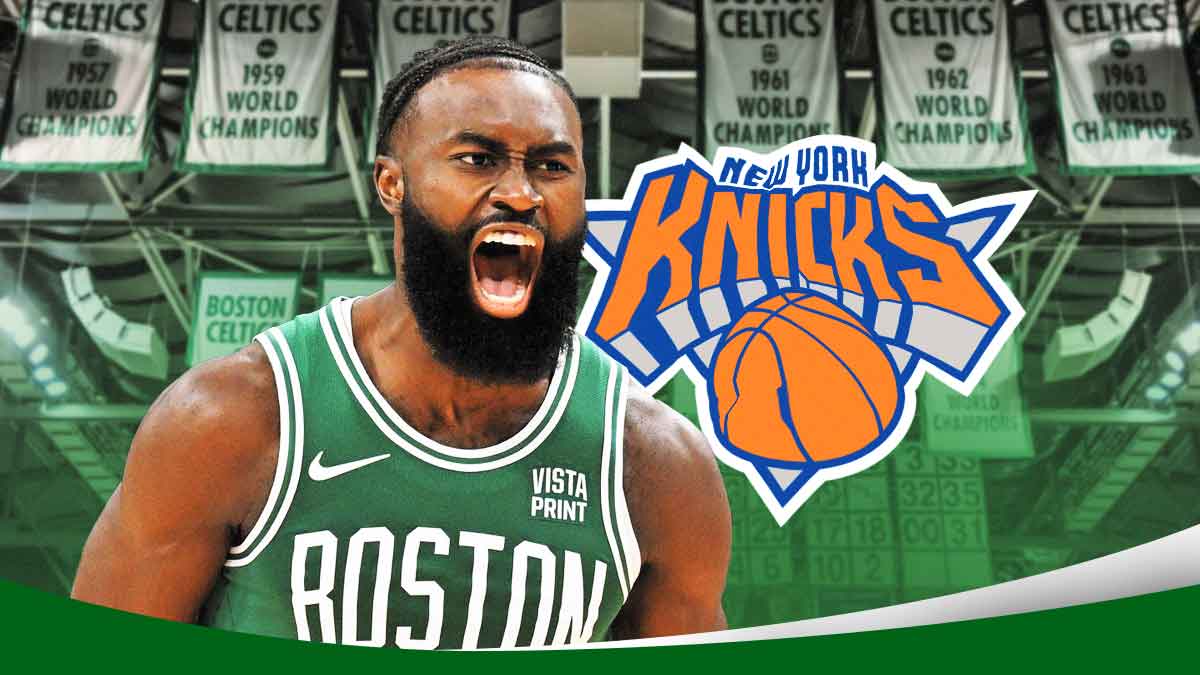 Jaylen Brown, the Celtics Championship banners, and a deflated-looking Knicks logo.