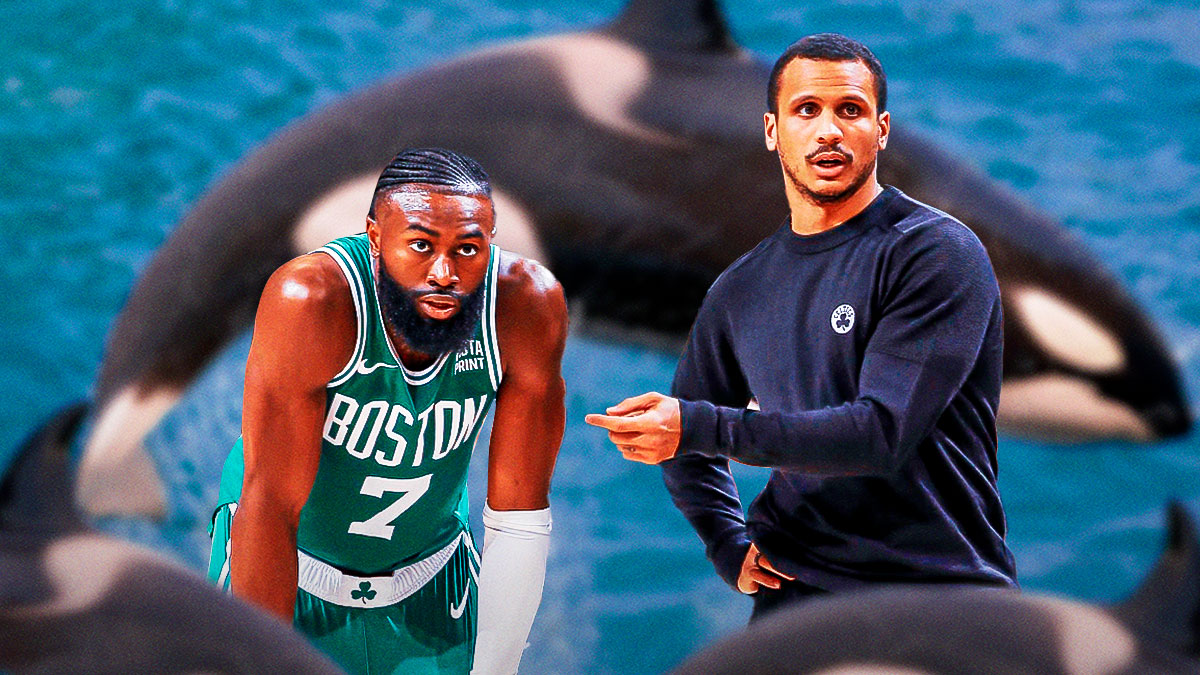 Jaylen Brown and Joe Mazzulla with a whale in the picture.