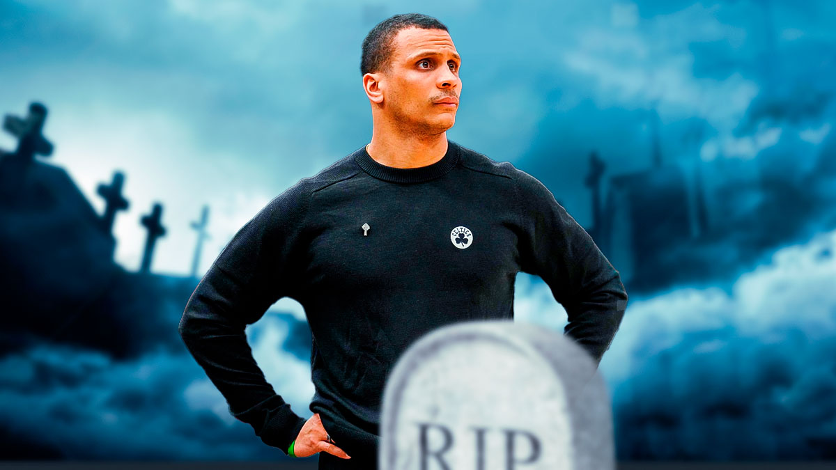 Joe Mazzulla looking serious/focused on a graveyard or funeral background