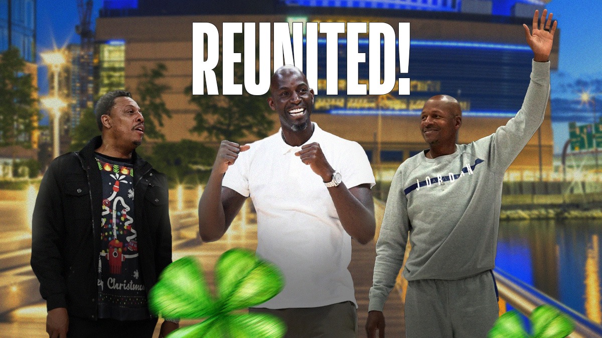 Ray Allen, Kevin Garnett, Paul Pierce (in street clothes, not uniforms) with a sign in the middle that says REUNITED!