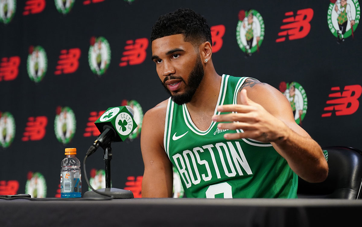  Celtics forward Jayson Tatum (0) talks to reporters during media day at Auerbach Center