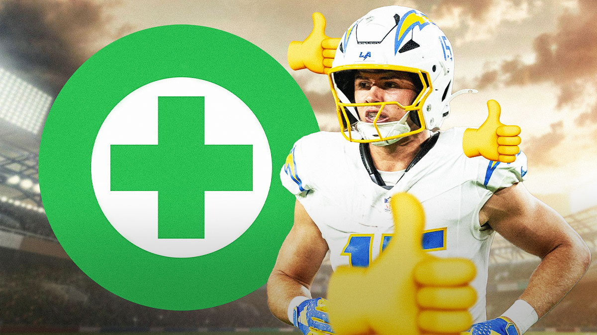 Chargers' Ladd McConkey with a thumbs up emoji and a green health cross
