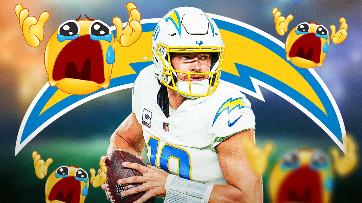 Justin Herbert next to this emoji, featuring a Chargers-themed BG.