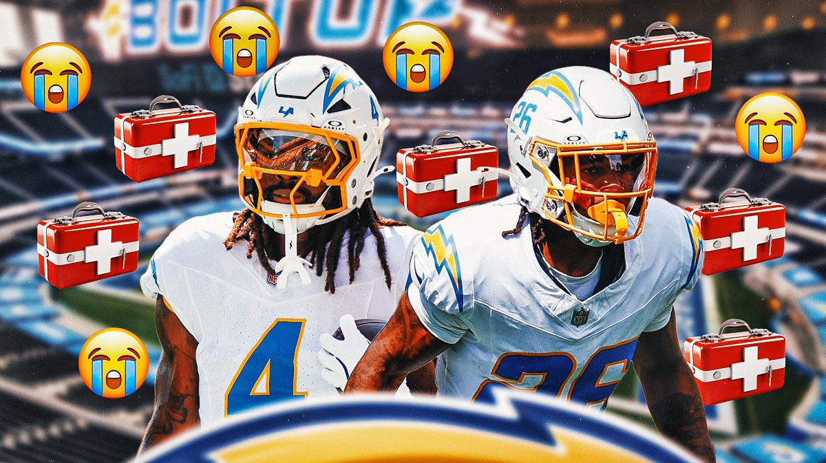 Los Angeles Chargers running back Gus Edwards and cornerback Asante Samuel Jr. with crying emojis around them and first-aid kits.