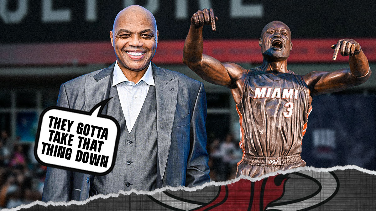Charles Barkley with a text bubble that says THEY GOTTA TAKE THAT THING DOWN next to Dwayne Wade's statue