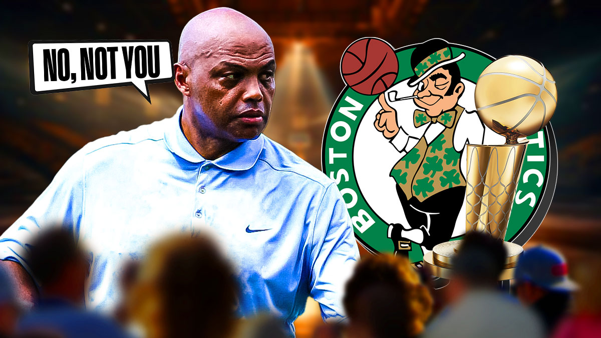 Charles Barkley with speech bubble saying "No, Not You" to the Boston Celtics logo beside the Larry O'Brien trophy