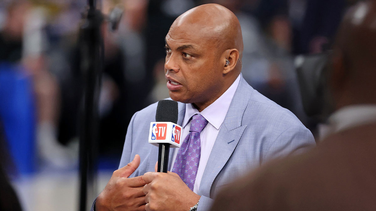 NBA TV analyst Charles Barkley talks on set before game three of the 2024 NBA Finals between the Boston Celtics and the Dallas Mavericks at American Airlines Center. Barkley recently joked that the NBA should rig the 2025 Play-In Tournament to feature the Pistons and Jazz in the Finals.