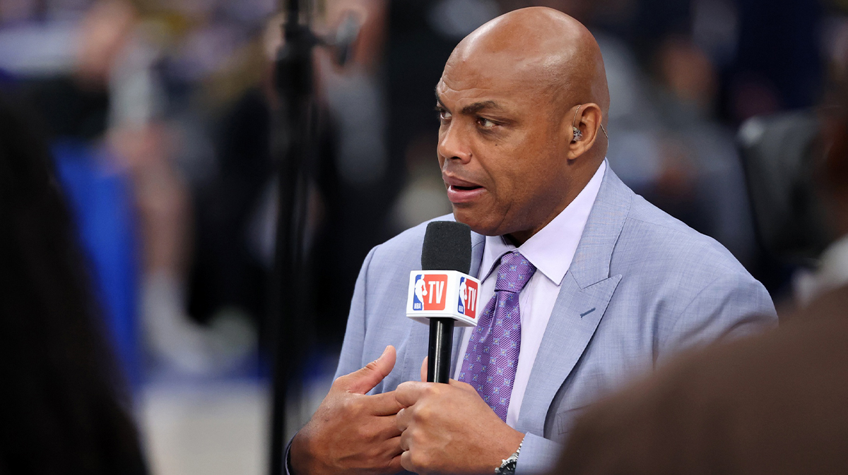 Jun 12, 2024; Dallas, Texas, USA; NBA TV analyst Charles Barkley talks on set before game three of the 2024 NBA Finals between the Boston Celtics and the Dallas Mavericks at American Airlines Center.
