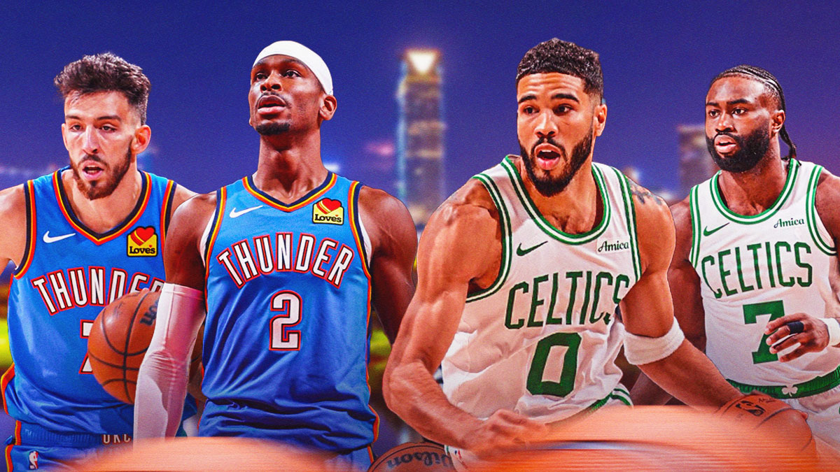 Thunder forward Chet Holmgren, Thunder guard Shai Gilgeous-Alexander next to Celtics superstar Jayson Tatum & Celtics superstar Jaylen Brown with Boston and the Oklahoma City city skylines in the background