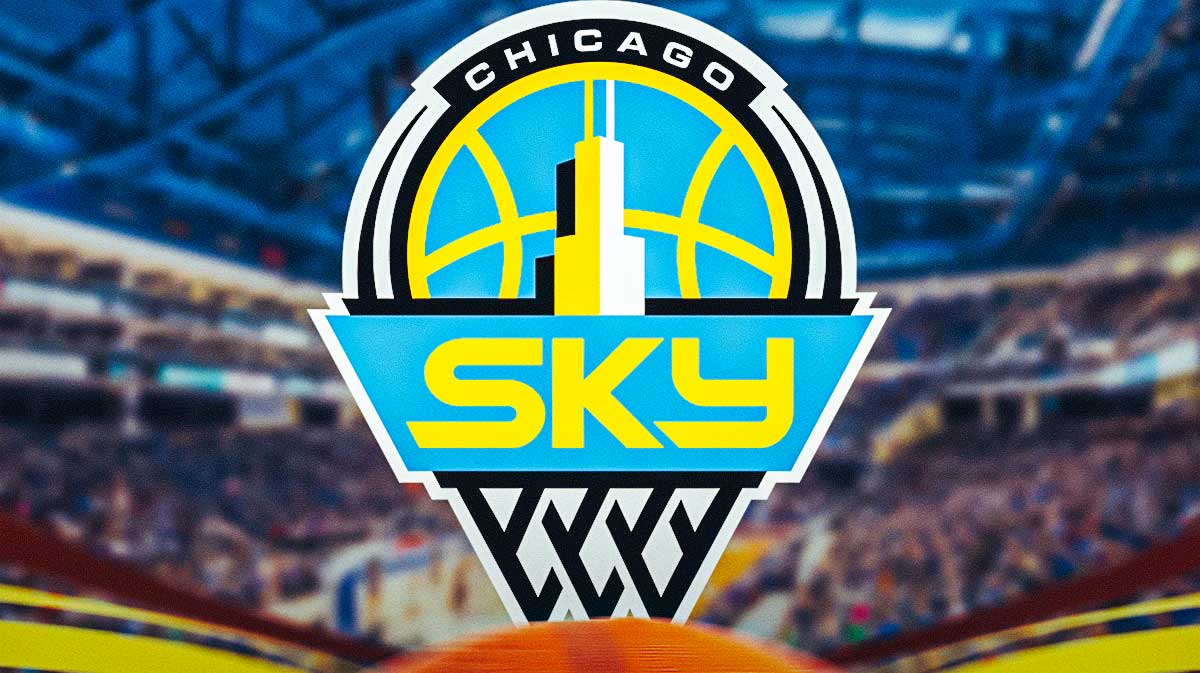 Chicago Sky logo, Sky GM Jeff Pagliocca sits out of frame next to Teresa Weatherspoon