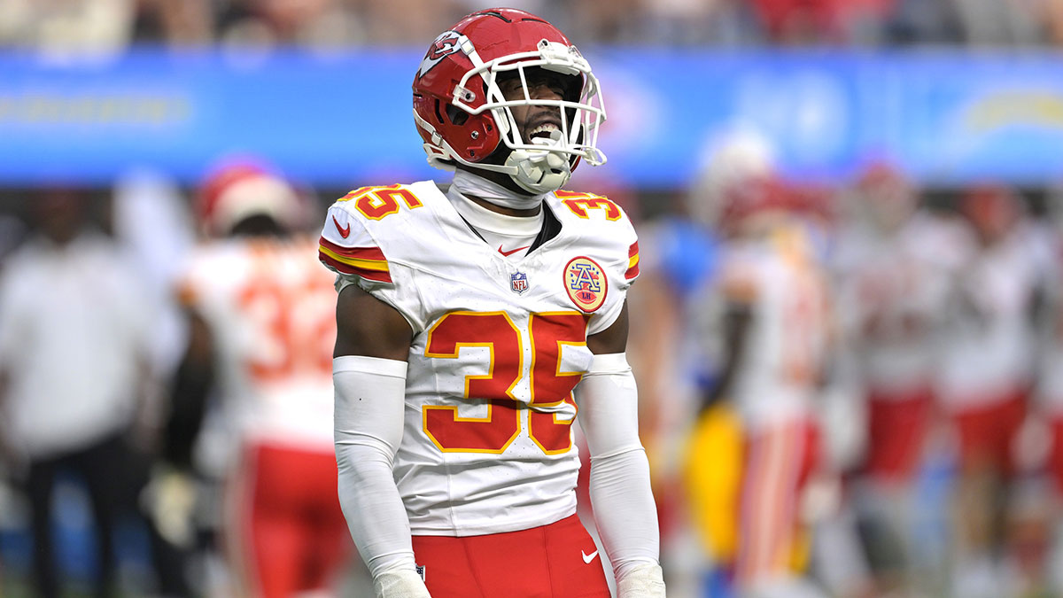 Chiefs cornerback Jaylen Watson (35) celebrates after breaking up a pass for Los Angeles Chargers wide receiver Joshua Palmer (5) in the second half at SoFi Stadium
