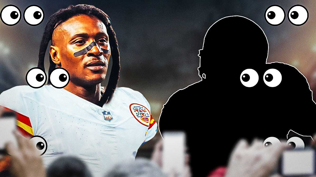 DeAndre Hopkins in a Kansas City Chiefs uniform on one side, a silhouette of Christian Kirk on the other side, a bunch of the big eyes emojis in the background