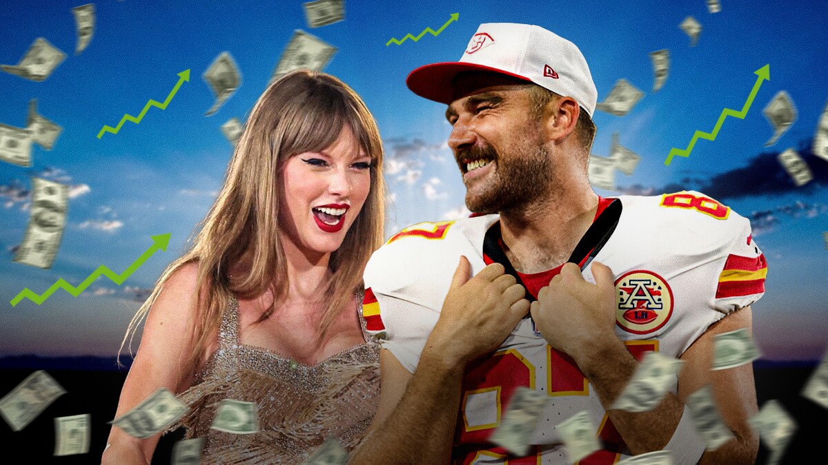 Chiefs' Travis Kelce and Taylor Swift smiling together, with money falling from the sky and stock up symbols all over them
