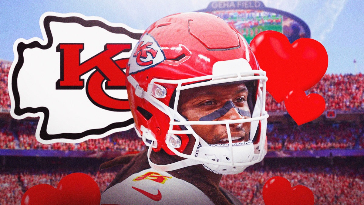 Image of Chiefs WR DeAndre Hopkins looking happy with a heart emoji next to him. Chiefs logo behind both of them