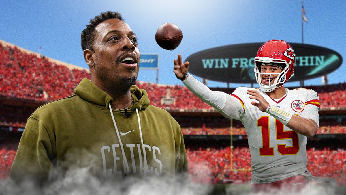 Image of Paul Pierce shocked and image of Patrick Mahomes hyped and happy. Chiefs logo in background