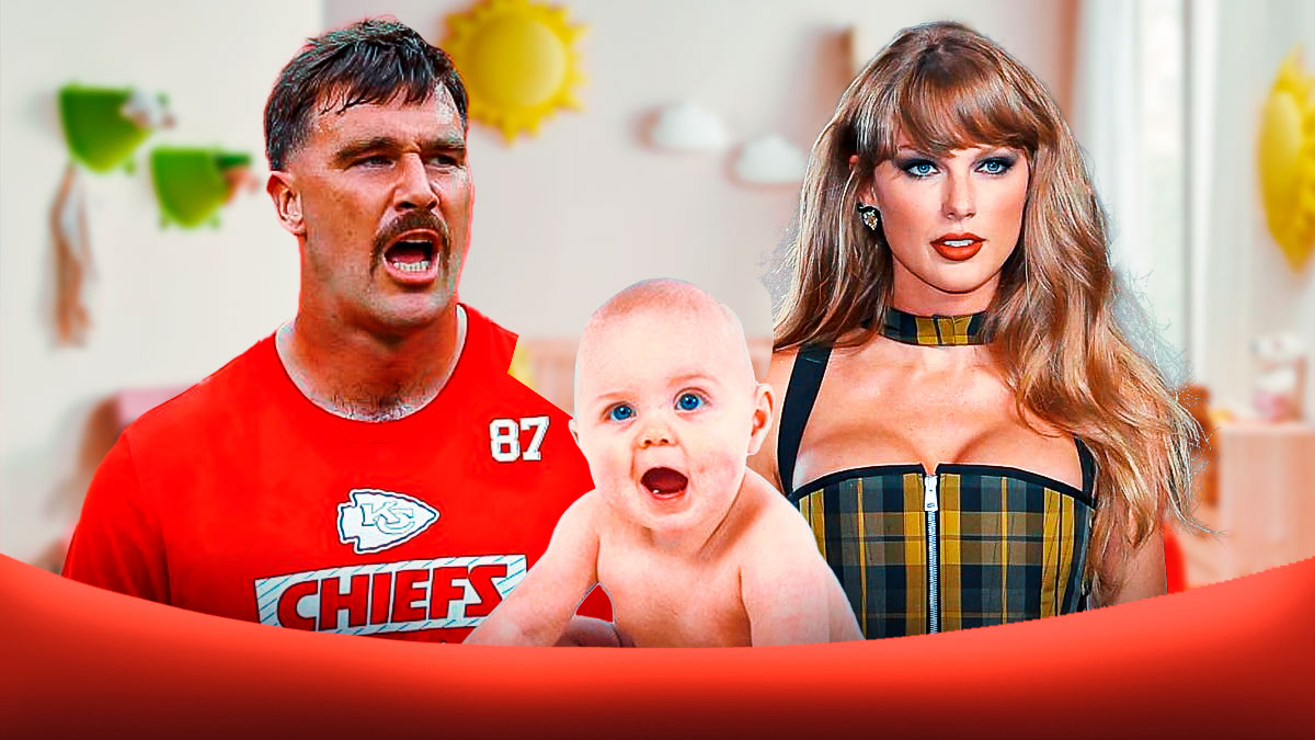 Chiefs Travis Kelce and pop star Taylor Swift with a baby in between them