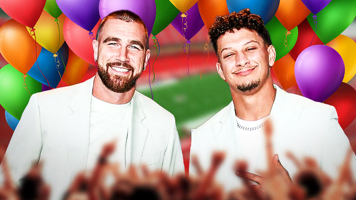 Kansas City Chiefs tight end and quarterback Travis Kelce and Patrick Mahomes, who recently celebrated his 29th birthday, with balloons.