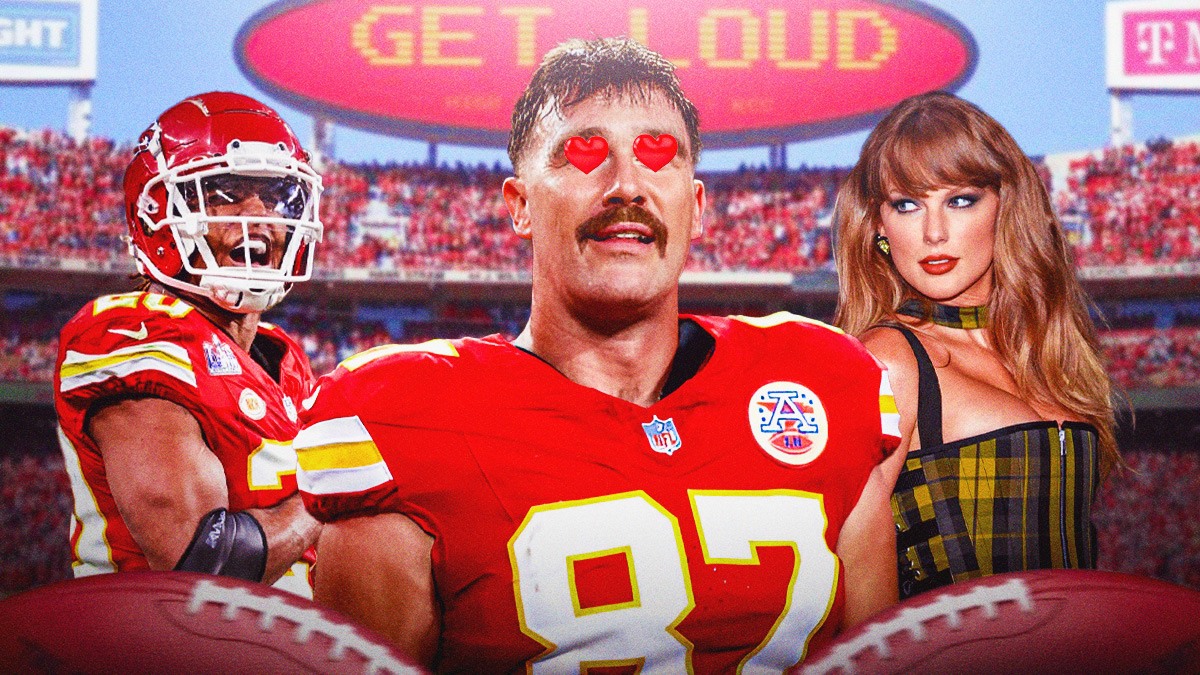 A picture of Kansas City Chiefs tight end Travis Kelce with heart eyes looking at Taylor Swift. Also, there's a photo next to Kelce of Chiefs safety Justin Reid.