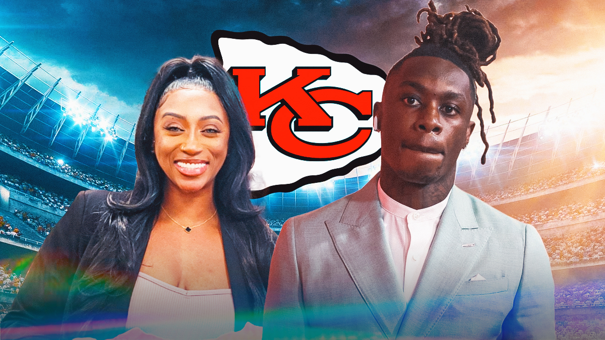 Xavier Worthy beside his mother. Chiefs logo in the background.