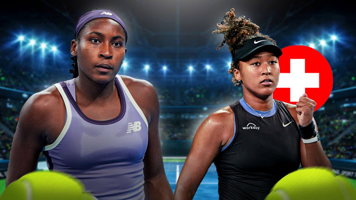 Women's tennis players Coco Gauff, and Naomi Osaka, both with neutral expressions (NO happy faces) and an injury symbol next to Naomi Osaka since she was injured at the China Open
