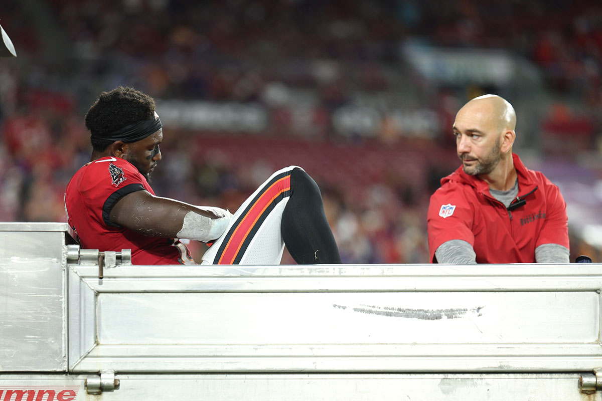 ampa Bay Buccaneers wide receiver Chris Godwin (14) is carted off the field against the Baltimore Ravens in the fourth quarter at Raymond James Stadium.