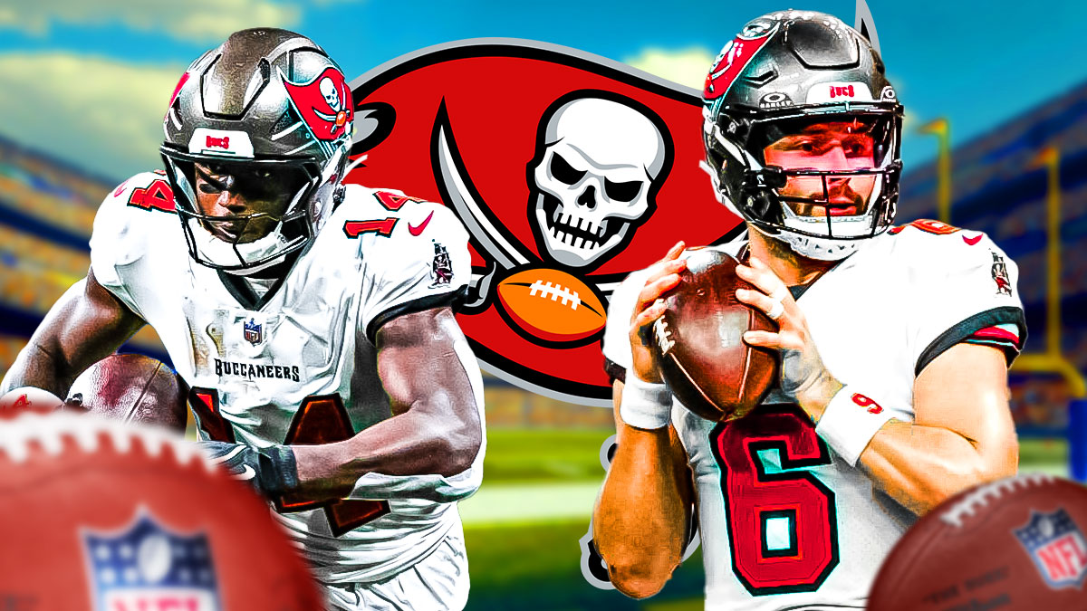 Buccaneers' Chris Godwin and Baker Mayfield with Buccaneers' logo between them