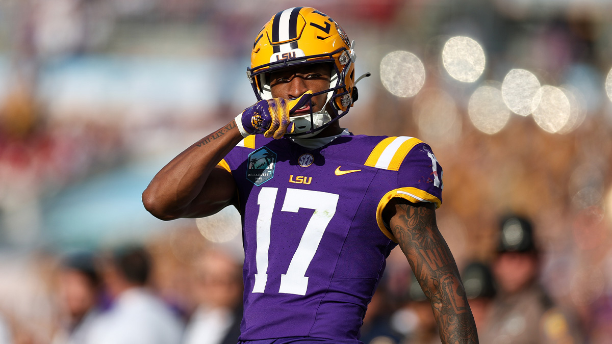 LSU Tigers wide receiver Chris Hilton Jr. (17) reacts after catching a pass against the Wisconsin Badgers in the fourth quarter during the ReliaQuest Bowl at Raymond James Stadium.