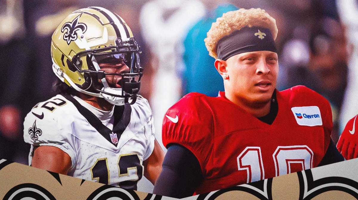 Chris Olave and Spencer Rattler in New Orleans Saints uniforms with Olave celebrating as Olave is excited for Rattler starting quarterback.