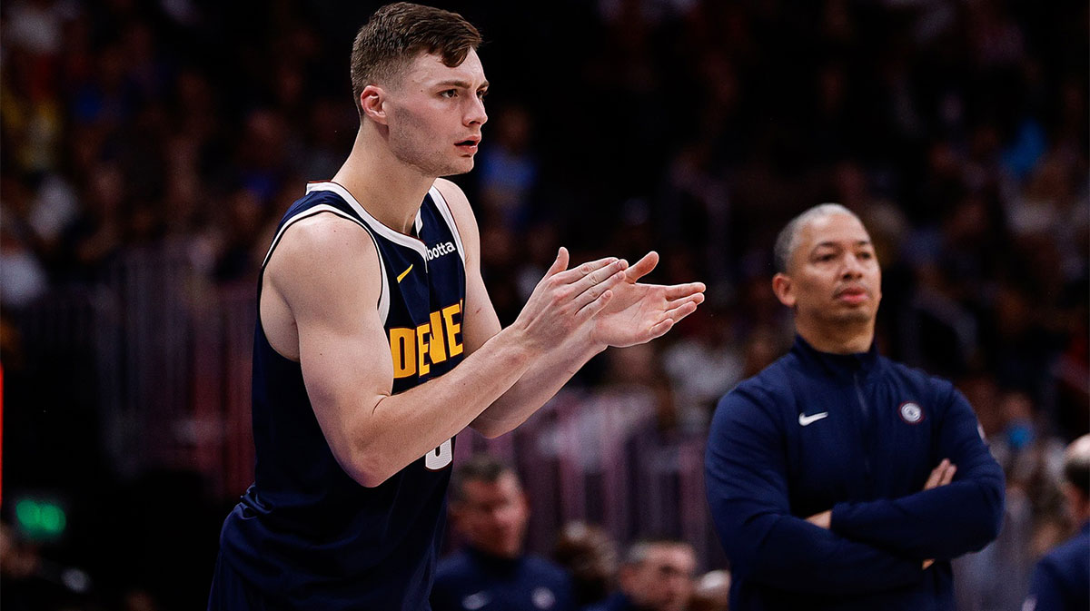 Denver Nuggets guard Christian Braun (0) reacts from the side in the fourth quarter against the Los Angeles Clippers at Ball Arena.
