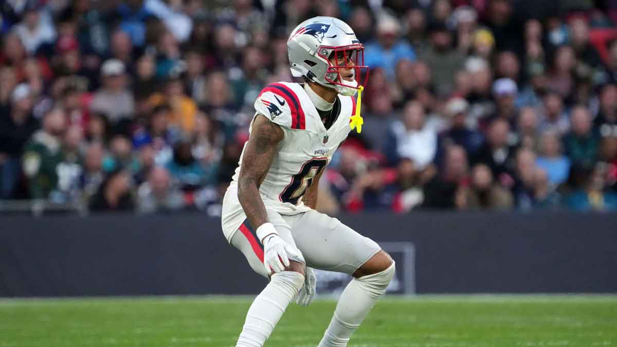 New England Patriots cornerback Christian Gonzalez (0) in the second half of an NFL International Series game against the Jacksonville Jaguars at Wembley Stadium.