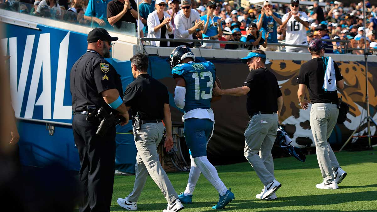 Jacksonville Jaguars wide receiver Christian Kirk (13) leaves the game after an apparent injury during the fourth quarter of an NFL football matchup Sunday, Oct. 27, 2024 at EverBank Stadium in Jacksonville, Fla. The Packers edged the Jaguars 30-27 on a last-second field goal.