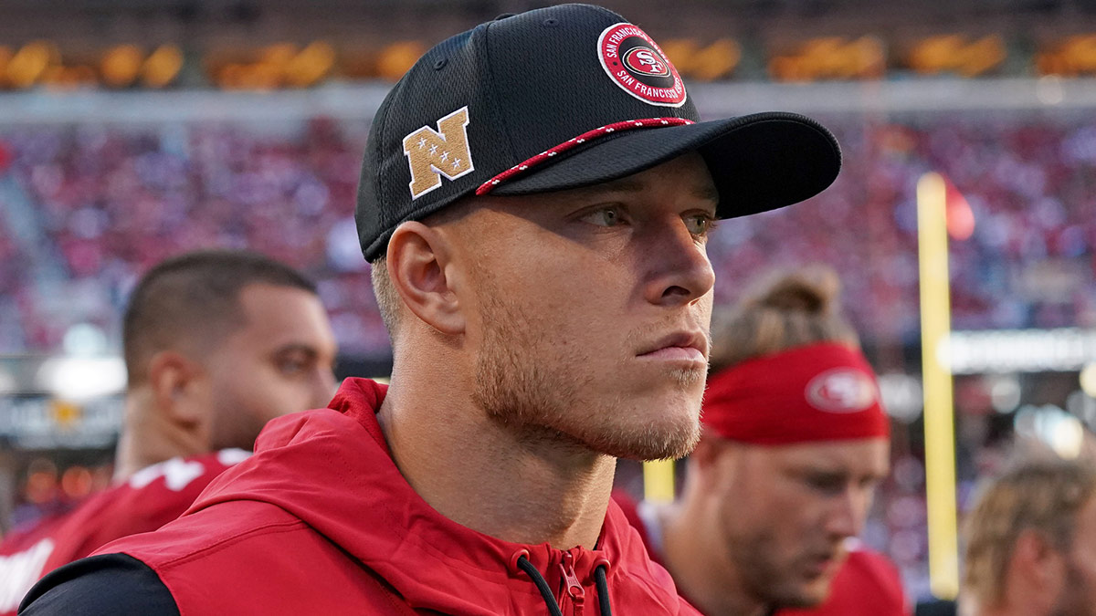 San Francisco 49ers running back Christian McCaffrey (23) watches injured from the sidelines in the second quarter against the New York Jets at Levi's Stadium.