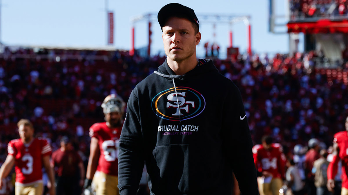 San Francisco 49ers running back Christian McCaffrey (23) walks off the field after the game against the New England Patriots at Levi's Stadium.