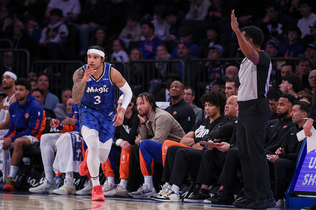 Orlando Magic forward Chuma Okeke (3) reacts after a three point basket during the second half against the New York Knicks at Madison Square Garden.