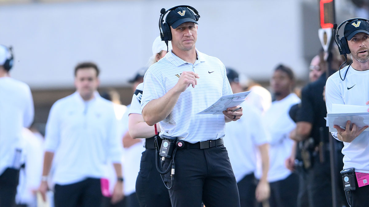 Oct 5, 2024; Nashville, Tennessee, USA; Vanderbilt Commodores head coach Clark Lea paces the sidelines against the Alabama Crimson Tide during the first half at FirstBank Stadium.