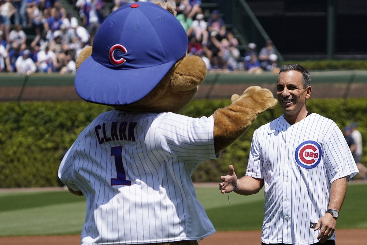 Chicago Cubs mascot Clark with Sebastian Maniscalco.
