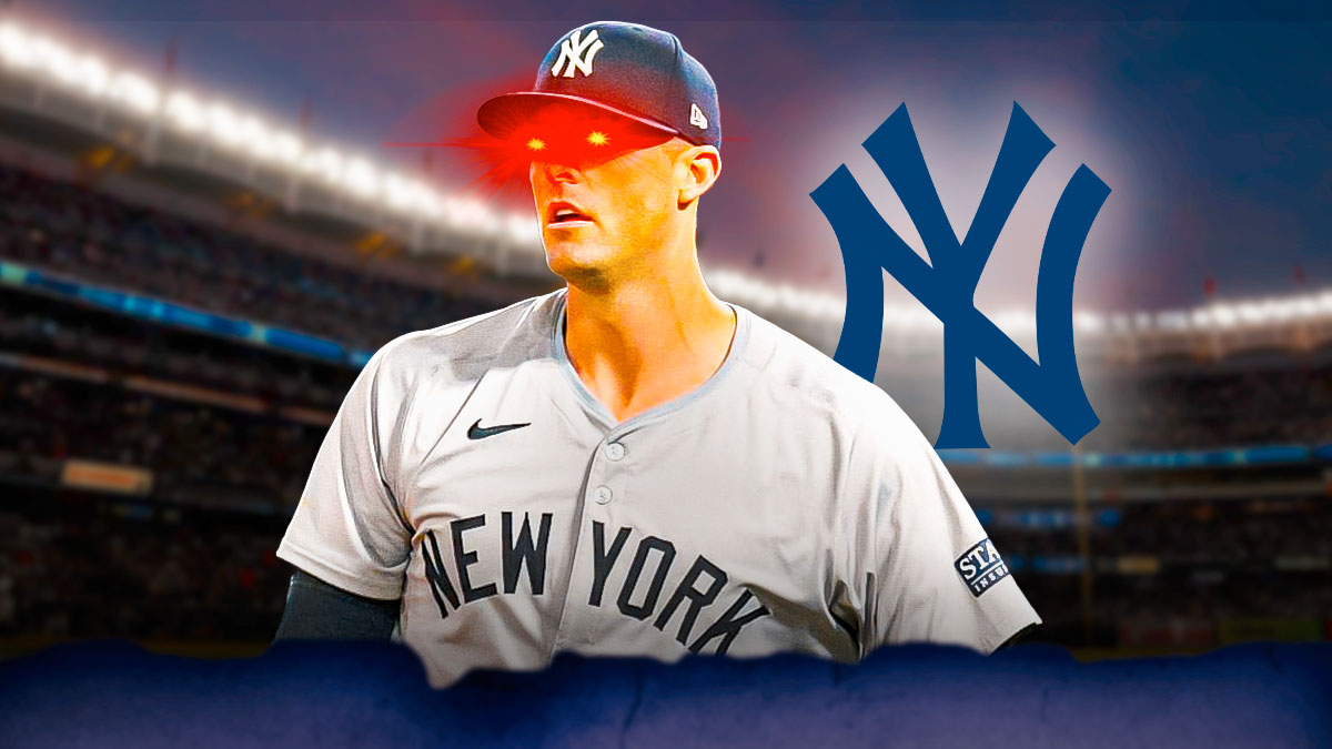 Clay Holmes with glowing red eyes beside the New York Yankees logo