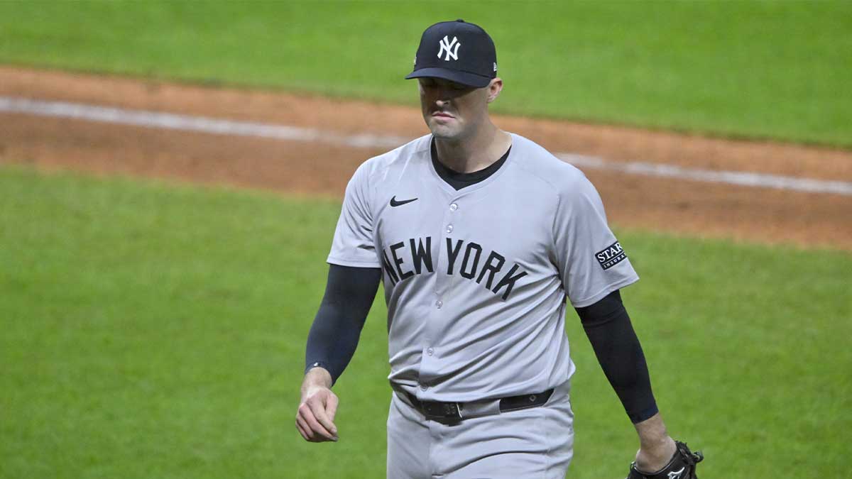 New York Yankees pitcher Clay Holmes (35) reacts after giving up a home run to end the game during the tenth inning against the Cleveland Guardians in game 3 of the American League Championship Series at Progressive Field.