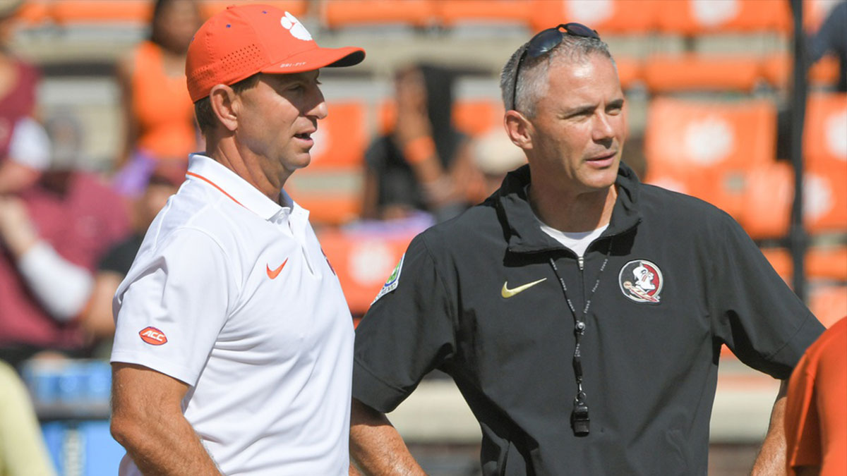 Sep 23, 2023; Clemson, South Carolina, USA; Clemson Tigers head coach Dabo Swinney and Florida State Seminoles head coach Mike Norvell before a game at Memorial Stadium. Mandatory Credit: Ken Ruinard-Imagn Images