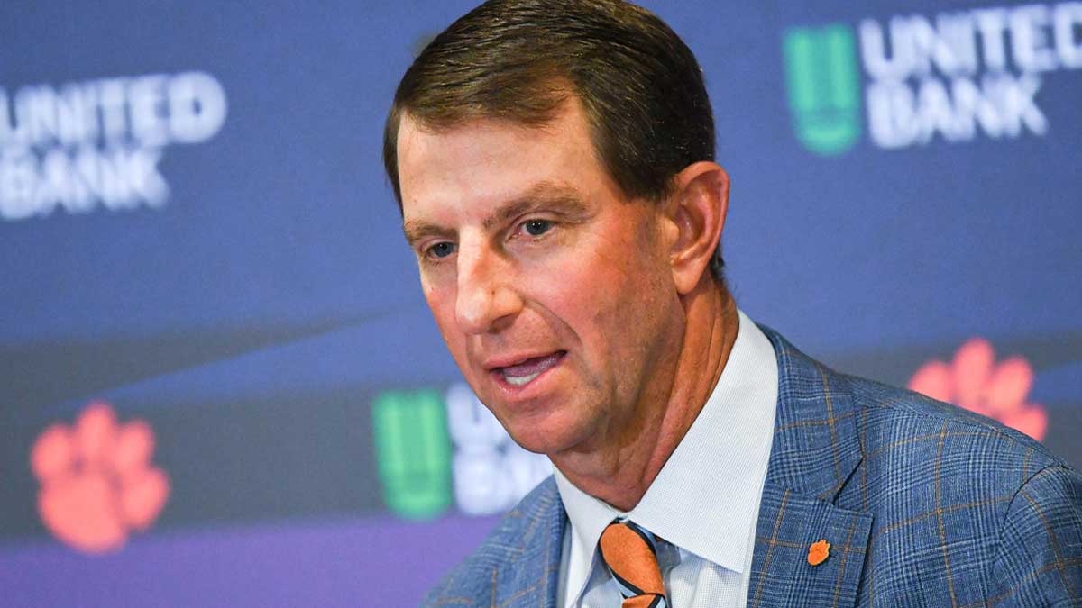 Clemson head coach Dabo Swinney speaks after a game against the North Carolina Wolfpack at Memorial Stadium