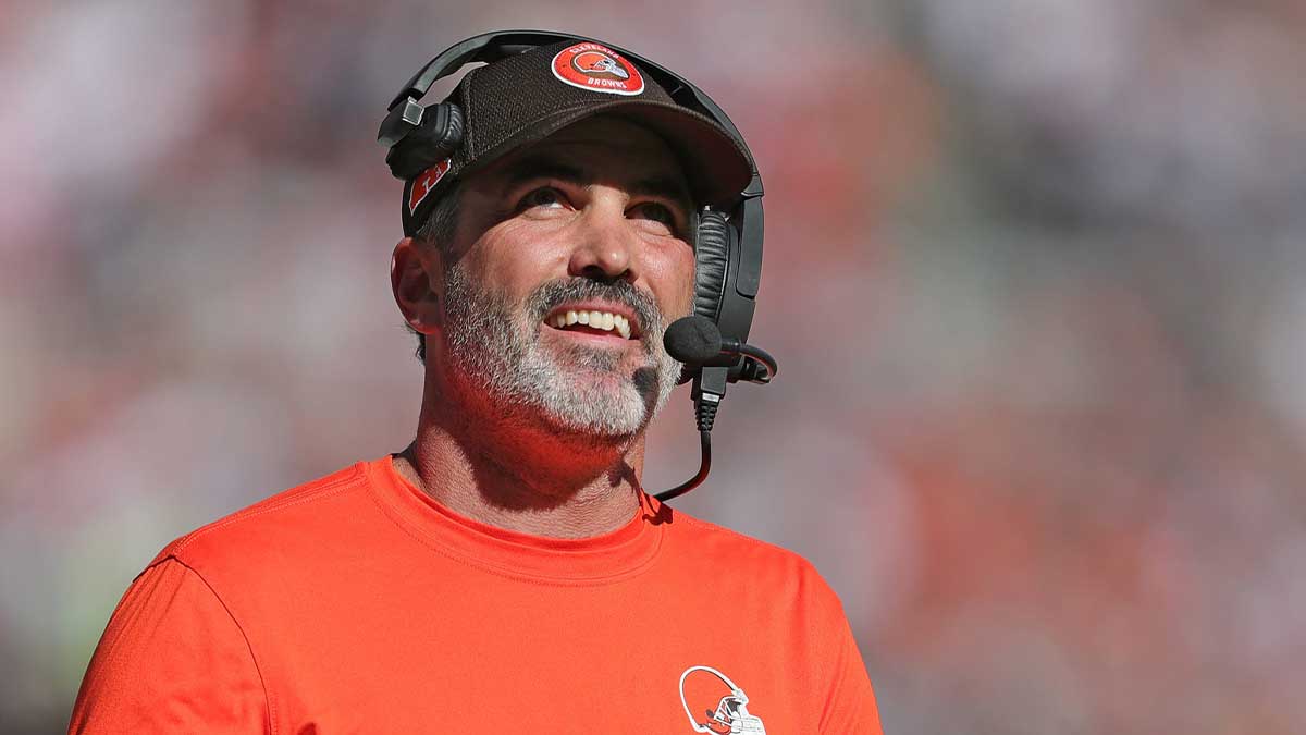 Cleveland Browns head coach Kevin Stefanski is all smiles as he watches running back Nick Chubb score a touchdown during the first half of an NFL football game at Huntington Bank Field, Sunday, Oct. 20, 2024, in Cleveland, Ohio.