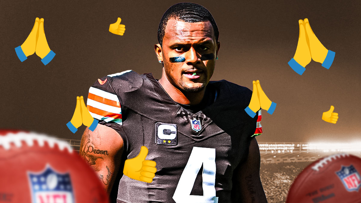 Browns' DeShaun Watson with prayer hands around him, and a thumbs up emoji