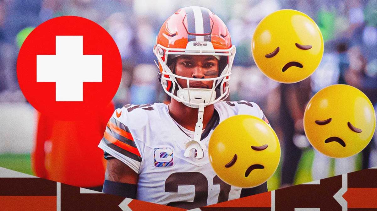 Browns' Denzel Ward next to a medical red cross and sad emojis all around