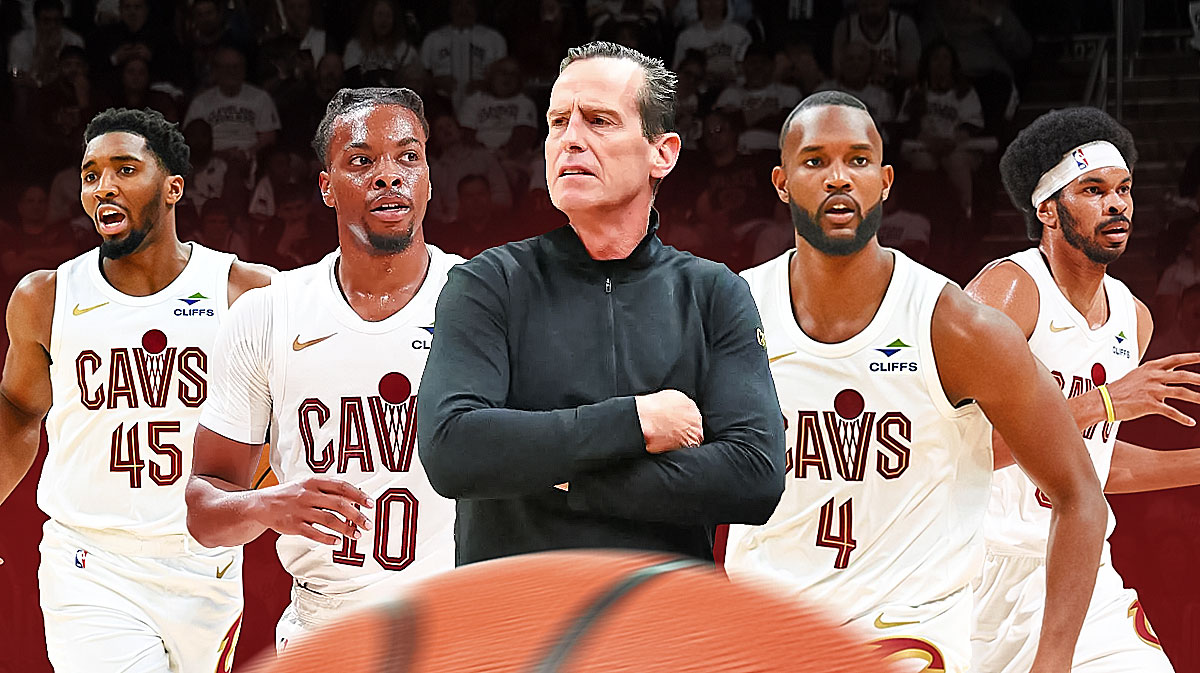 Darius Garland, Donovan Mitchell, Evan Mobley, Jarrett Allen and Kenny Atkinson together featuring a Cavs-themed BG.