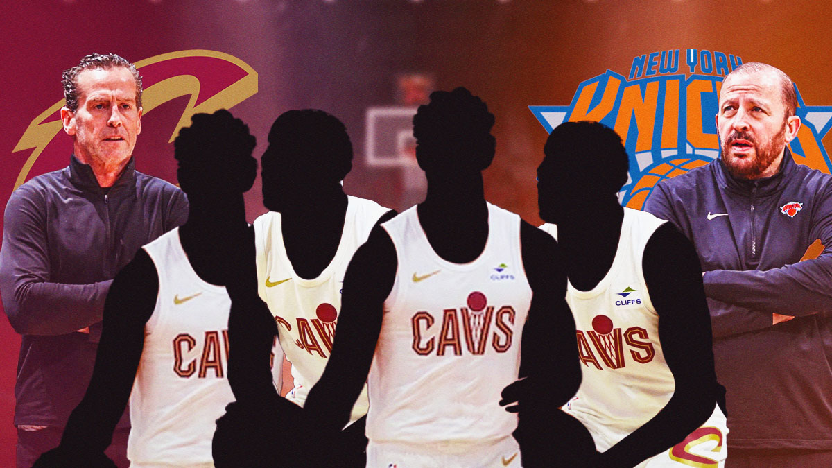 Four silhouetted Cavs players in between Kenny Atkinson and Tom Thibodeau featuring a Cavs/Knicks-themed bg.