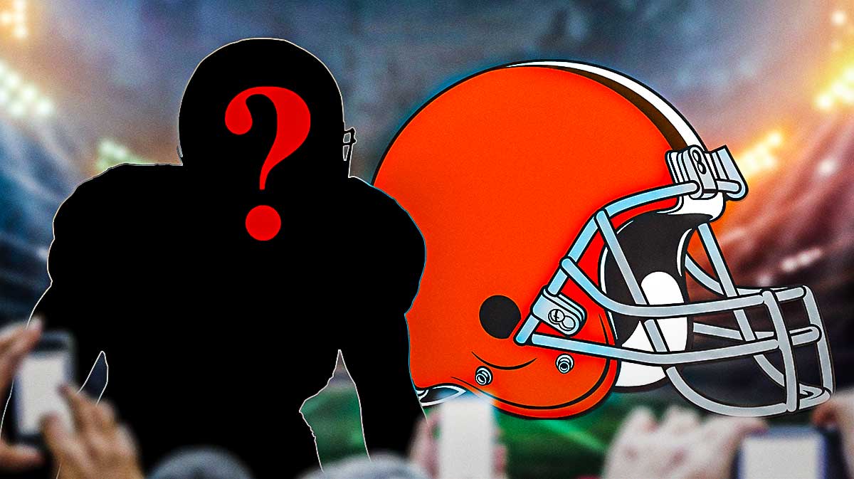 A silhouette of an American football player with a big question mark emoji inside. There is also a logo for the Cleveland Browns.