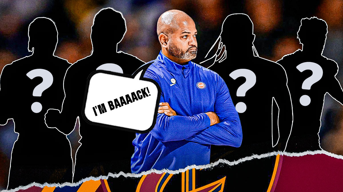 Four silhouetted Cavs players surrounded by question marks next to J.B. Bickerstaff with a speech bubble saying, "I'm baaaack!"